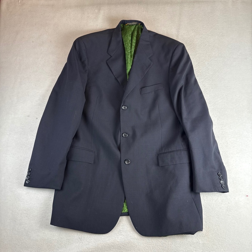 Tommy Hilfiger Mens 44L Wool Blazer Navy Blue Pinstripe Green Paisley Lining